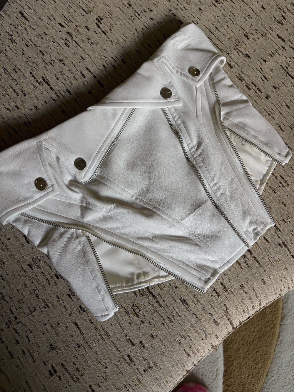 Maniere De Voir Cream Faux Leather Top with Silver Hardware